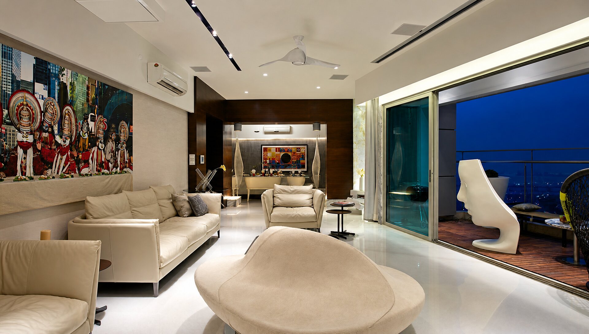 High-rise penthouse living room with city views in Hyderabad's premium district